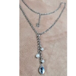 Silvertone Long Chain Link 37" Necklace 4" Pearl Rhinestone Tickler‎